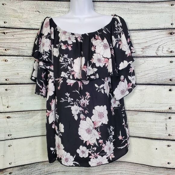 Adora Black Pink Floral Off Shoulder Blouse M Ruffle Sleeve Boho Top - Picture 1 of 6